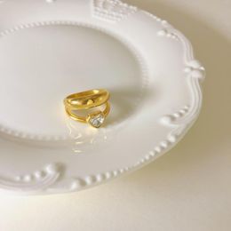 Wedding Rings Fashion Gold Color Titanium Steel Inlaid Heart-Shaped Zircon Double Ring Elegant Versatile Vintage Trending Women