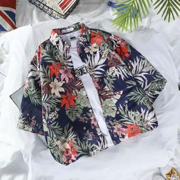 Men's Casual Shirts Summer Hawaiian Tropical Floral Men Tops Short Sleeve Cotton Button Chemise Loose Vacation Beach Blouse