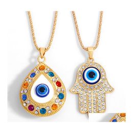 Pendant Necklaces Fatima Hand Pendant Necklace Turkey Evil Blue Eyes Diamond Sweater Chain Hollow Lucky Pendants Adjustable Sliver G Dhoqd