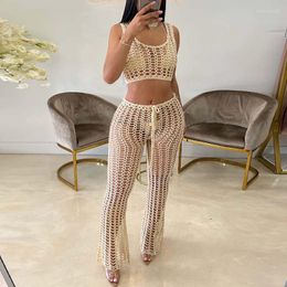 Women's Two Piece Pants Women Set Summer Beach Cover-Ups Sexy Crochet Hollow Out Cropped Tops Vest And Drawstring Bell Bottom Trousers