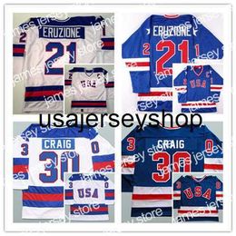 Hockey Jerseys Man Retro 1980 USA Ice 17 Jack Ocallahan 21 Mike Eruzione 30 Jim Craig Sticthed Blue White Alternate Size