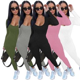 Women Jumpsuits Designer New 2023 Solid Colour Autumn Winter Threaded Low Cut U-neck Sexy Slim Casual Rompers 5 Colours