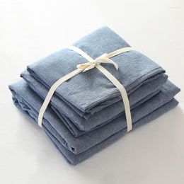 Bedding Sets Cotton Washed Style Fabric Vintage Blue Blanket Cover Fitted Sheet Set 4pcs Solid Colour