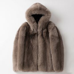 Fox Fur Coat Mens Hooded Jacket Thick Boutique Fashionable Male Slim Coats Size S-5XL Autumn Winter Jackets Man Clothing Windproof