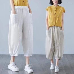 Women's Pants Women High Waist Fashion Loose Casual Oversize Seven Points Bloomers Elastic Pure Cotton Summer Women's