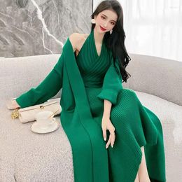 Women's Two Piece Pants Autumn Winter Women Sweater Set Full Sleeve Oversized Cardigan Coat Halter Bodycon Dress Female Knitted Open Stitch