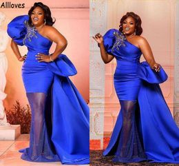 Royal Blue African Mermaid Evening Dresses Puffy One Shoulder Gorgeous Peplum Beaded Special Occasion Prom Gowns Plus Size Arabian Women Vestidos De Festa CL1564