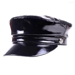 Berets Winter Unisex Real Patent Leather Black Caps Men Women Belt Buckle Students Flat Navy Hats Korean Fashion Casquette