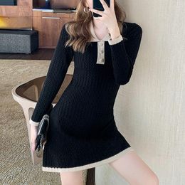 Casual Dresses Autumn Slim Knitted Mini Dress Women Elegant Solid Sweater One Piece Office Lady Korean Basic Winter 2022