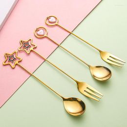 Dinnerware Sets Creative Stainless Steel Spoon Fork Set Star Heart Pendant Dessert Coffee Teaspoon Fruit For Birthday Wedding Gift