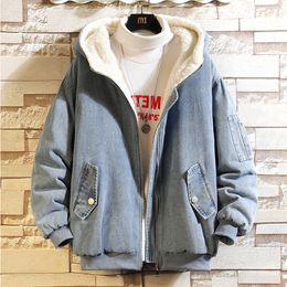 Mens Jackets Winter Denim Cottonpadded Coat Fleece Thick Fashion Print Large Size Hooded Warm Drop Ship 221206