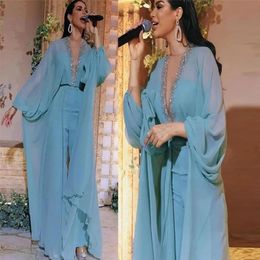 Stunning Sky Blue Chiffon Jumpsuit Evening Dresses Beading Collar Overskirt Outfit Prom Gown Dubai Arabic Aso Ebi Vestido De Novia Gala