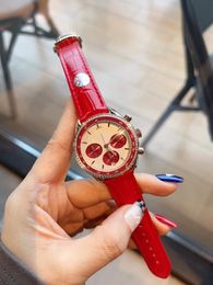 38mm Women Men Couples Quartz Watch Multifunction Number Calendar Wristwatch Red Leather Zircon Stopwatch Female Male Clock