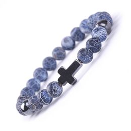 Colorful Weathered Agate Stretch Beaded Bracelet Hematite Cross Bracelets Bangles For Women Men Jewelry