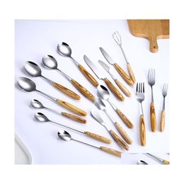 Flatware Sets Flatware Sets Stainless Steel Wooden Handle Western Tableware Restaurant Household Creative Beech Steak Knife Fork And Dht74