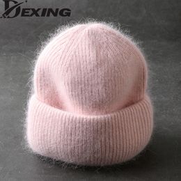 Beanie/Skull Caps BeanieSkull Rabbit Fur Beanies Soft Warm Fluffy Winter Hat for Women Angora Knitted Skullies Female Bonnet Woman Knit Cap 221205