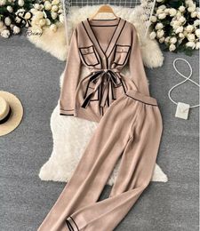 Women's Tracksuits Knitted New Two Piece Sets Long Sleeve Sweater Tops And Skinny Pants Matching Sets