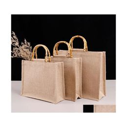 Jewellery Pouches Bags Jewellery Pouches Bags Portable Burlap Jute Shop Bag Handbag Bamboo Loop Handles Reusable Tote Grocery For Women Dh12D