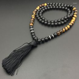 Pendant Necklaces 8mm Tigers Eye Stone JapaMala Necklace Namaste Yoga Jewellery Chakra Stones Mala Buddhist Prayer Bead 108 Beads