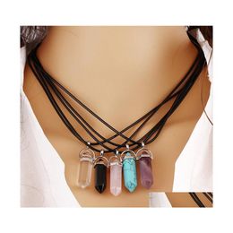 Pendant Necklaces Hexagonal Column Natural Stone Necklace Beautif Crystal Pendant With Pu Leather Chain Colorf Women Fine Jewellery Dr Dhmrd