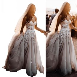 2023 Vintage A Line Wedding Dresses Country Bohemia Summer Beach Sweetheart Sleeveless Lace Appliques Crystal Beads Split Tulle Formal Bridal Gowns