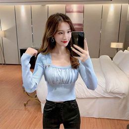 Women s Sweaters Knit Sweater Pullover Women Fashion Winter Spring Square Collar Slim Patchwork Mesh Sexy Tops Chic Korean Jumper 221206