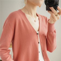 Women's Knits Tees Style 100 Pure Cotton Knitted Cardigan Sweater Short V-Neck Loose Large Size All-Match Solid Color Long-Sleeved Coat 221206