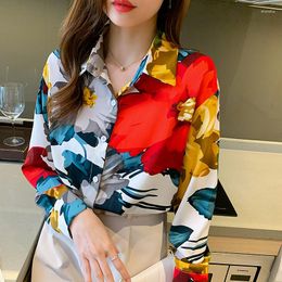 Women's Blouses Autumn Spring Women Shirt Colour Contrast Long-sleeved Hong Kong Style Retro Printed Chiffon Button Up