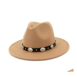 Wide Brim Hats Bucket Hats Unisex Wide Brim Wool Jazz Hat Cap Rivet Belt Decor Panama Trilby Fedora Hats Men Women Lovers Party Ca Dhbvl