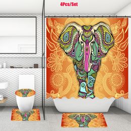 4Pcs/Set Bathroom Shower Curtain Toilet Mat Watercolour Elephant Printed Bath Mats Curtains Screen with Non-Slip Carpet Rugs Home Decor With Hooks