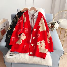 Women s Knits Tees Sweater Warm Knitted Jacket Loose Cartoon Jacquard Fashion Ladies s Oversized Cardigan 221206