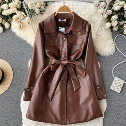 Women's Trench Coats Autumn Winter Long Black Straight PU Faux Leather Coat For Women Sleeve Belt Elegant British Style Fashion Tops 2022