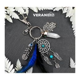 Key Rings Csja Dream Catcher Keychains Blue Feather Tassel Hamsa Hand Evil Eye Keyring For Wall Car Hanging Decor Amet Boho Jewelry Dhbp5