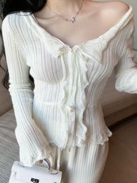 Women s Knits Tees Woherb Sexy Sweater Long Sleeve Cropped Cardigan V Neck Hollow Out Knit Lace Up Top Bandage Single Breasted Tops 221206