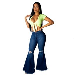 Women s Jeans Fashion High Waist Denim Flare Pant Vintage Hole Ripped Skinny Wide Leg Trousers ladies Casual Bell Bottoms 221206