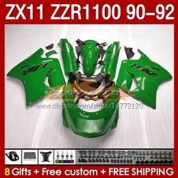 Full Fairings For KAWASAKI NINJA ZX 11 R 11R ZX11 R ZZR1100 ZX11R 90 91 92 Body 164No.91 ZZR 1100 CC ZX-11R ZZR-1100 1990 1991 1992 ZX-11 R 90-92 ABS Fairing Kit glossy green