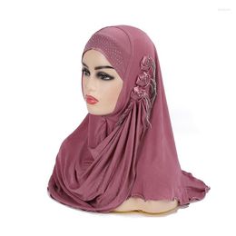 Hats 60 60cm Women Girls Hijab Cap With Flowers Chains Plain Ice Silk Muslim Pull On Jersey Scarf Ethnic Scarves Islamic Headscarf