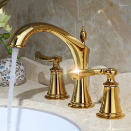 Bathroom Sink Faucets European Luxury Gold Solid Brass Double Handle Three Holes Widespread Faucet High Quality Basin Vanity Mixer Tap