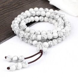 Strand Prayer 108 Beads Black Line White Stone Elastic Bracelet 6MM Budda Pendant Necklace Charm Multilayer Men Bangle Jewelry