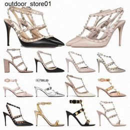 Abendschuhe Designer High Heel Abendschuhe Knöchelriemen Roman Stud Schwarz Nude Splitter mit Nieten Damen Stiletto Chunky