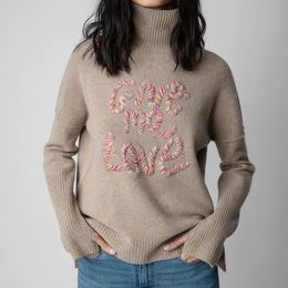 Women s Sweaters Autumn Winter 100 Cashmere Letter High Neck Loose Knitted Fashion Pullover 221206