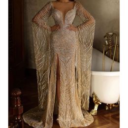 New Sparkly Arrival Evening Dresses V Neck Long Sleeves Capes Lace Floor Length Beaded Pearls Satin Sequins Side Slit Appliques Prom Dress Formal Plus Size