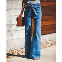 Women s Jeans Blue Tie Waist Flare Women Slim Denim Trousers Vintage Clothes spring High Pants Belted Stretchy Wide Leg 221206