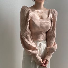 Women s Sweaters Knitted Pink Sweater Vintage Pullover Cute Long Sleeve Square Neck Top Korean Fashion Style Autumn Winter Clothing 221206