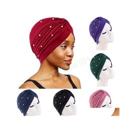 Beanie/Skull Caps Women Beaded Turban Cap Muslim Hijab Caps African Headwrap Ladies Head Wraps India Hat Femme Musman Turbante Mujer Dhitn