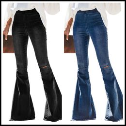 Women s Jeans Black and Blue High Waist Denim Flared Pants Ripped Elastic Fashion Casual Trousers S 2XL Drop 221206