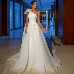 Simple Organza One Shoulder Wedding Dress White A Line Long Bridal Gowns Bow Ribbon Elegant Boho Beach Vestido De Novia Sweep Train