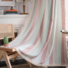 Curtain Pink Grep Stripe Cotton Linen Thick With Tassels Curtains For Living Room Kitchen Valance The Luxury