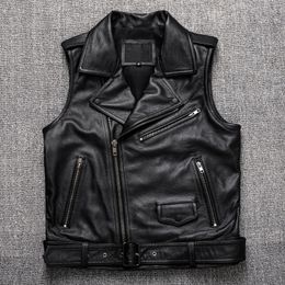 Men's Vests 2023 Black Motorcycle Biker Leather Vest Men Genuine Leather Oblique zipper Sleeveless Jackets High Quality Cowhide Vests 221206