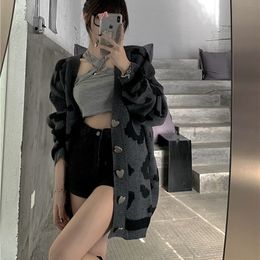 Women s Knits Tees QWEEK Leopard Print Sweater Harajuku Knitted Cardigan Oversized Streetwear Gothic Style Long Sleeve Jumpers Fashion 221206